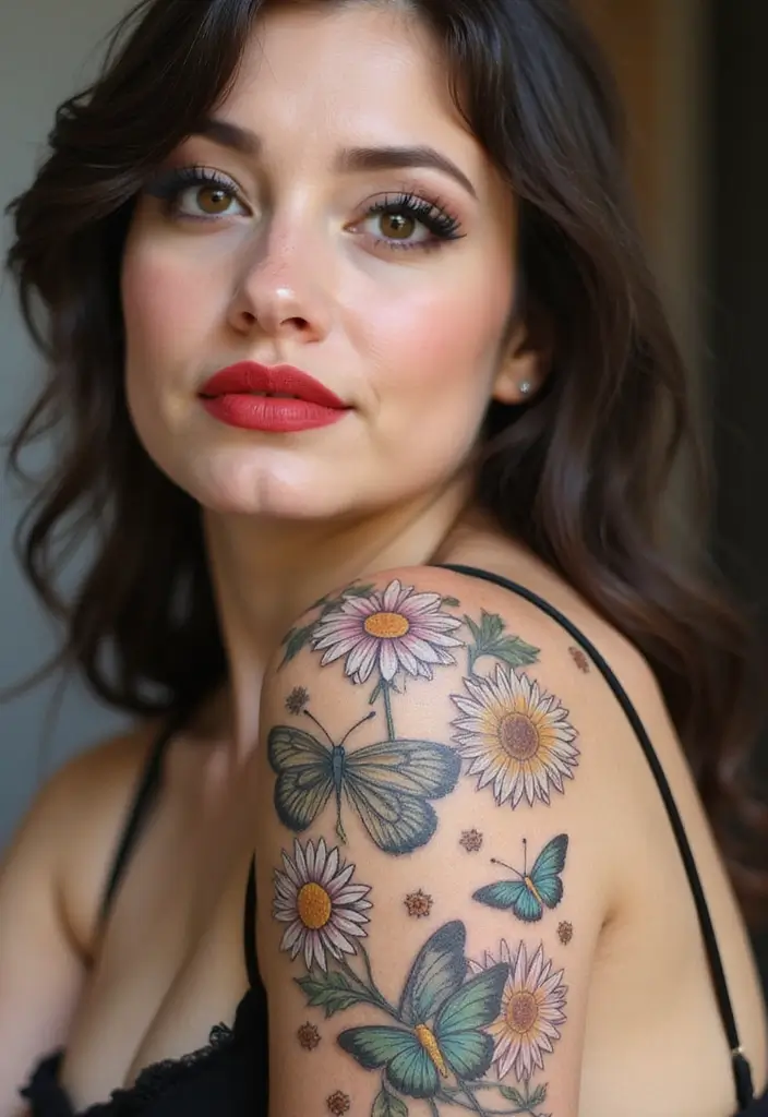 30 Daisy Chain Tattoo Inspirations for a Delicate Look - 5. Daisies with Butterflies