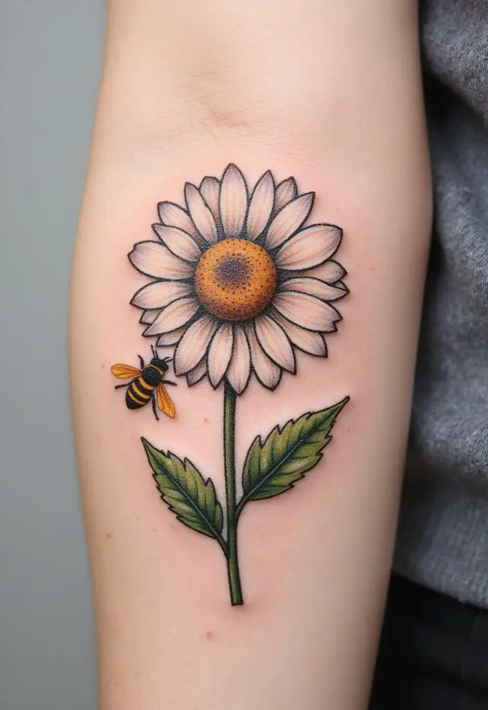 30 Daisy Tattoo Ideas for a Fresh and Delicate Design - 5. Daisy and Bee