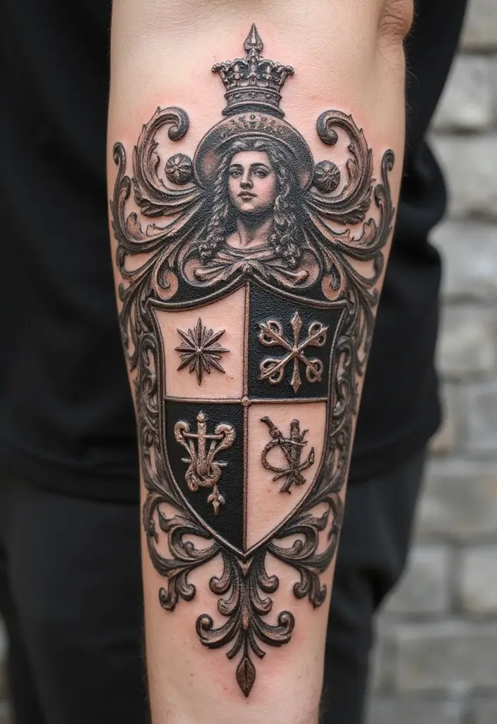 30 Family Crest Arm Tattoos That Carry Heritage - 5. Combining Family Symbols