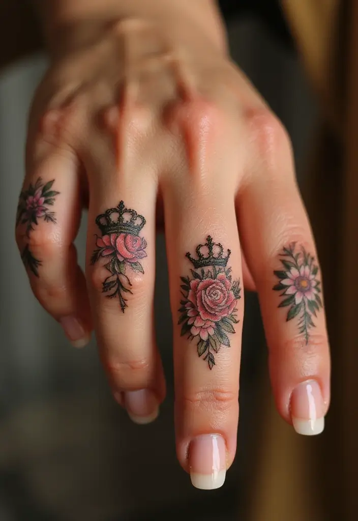 30 King and Queen Tattoos Finger Designs for Couples - 5. Floral Crown Tattoos