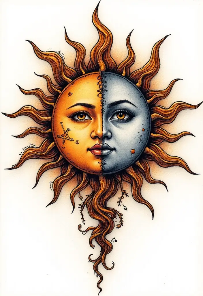 30 Mandala Tattoo Ideas with Spiritual and Geometric Beauty - 5. Sun and Moon Mandala