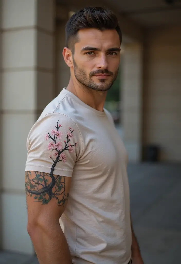 30 Mens Flower Sleeve Tattoo Ideas with Bold Florals - 5. Cherry Blossoms for Transience
