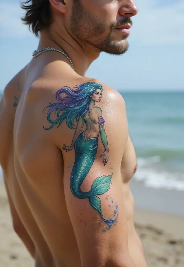 30 Creative Mermaid Tattoos for Men with Ocean Spirit - 5. Watercolor Mermaid