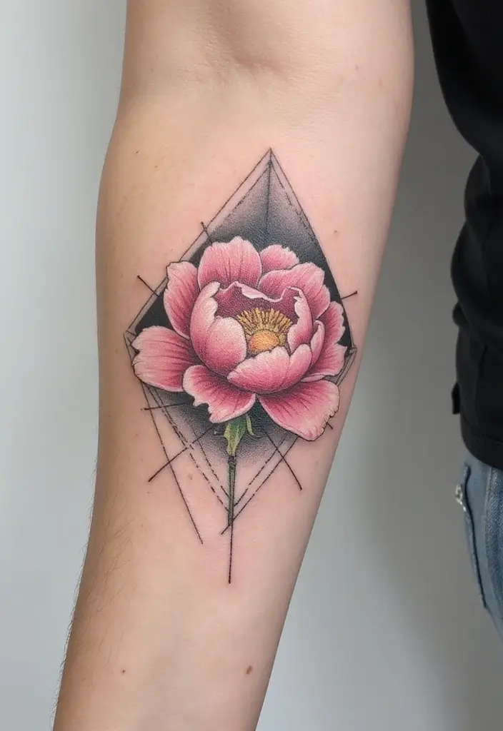 30 Peony Tattoo Ideas with Meaning and Elegance - 5. Geometric Peony