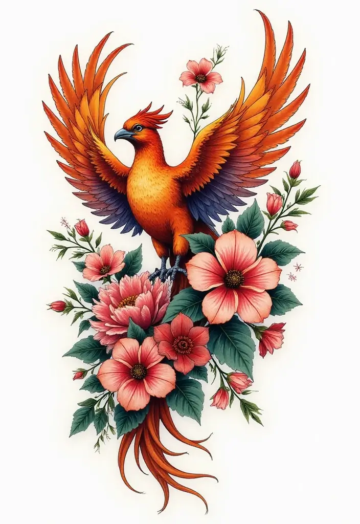 30 Phoenix Reborn Tattoo Designs with Deep Meanings - 5. Phoenix with Flowers