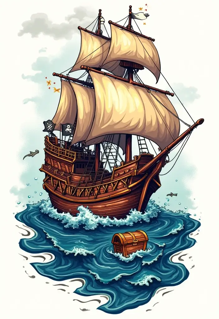 30 Pirate Ship Tattoo Designs for Ocean Lovers - 5. Pirate Ship with Treasure Chest