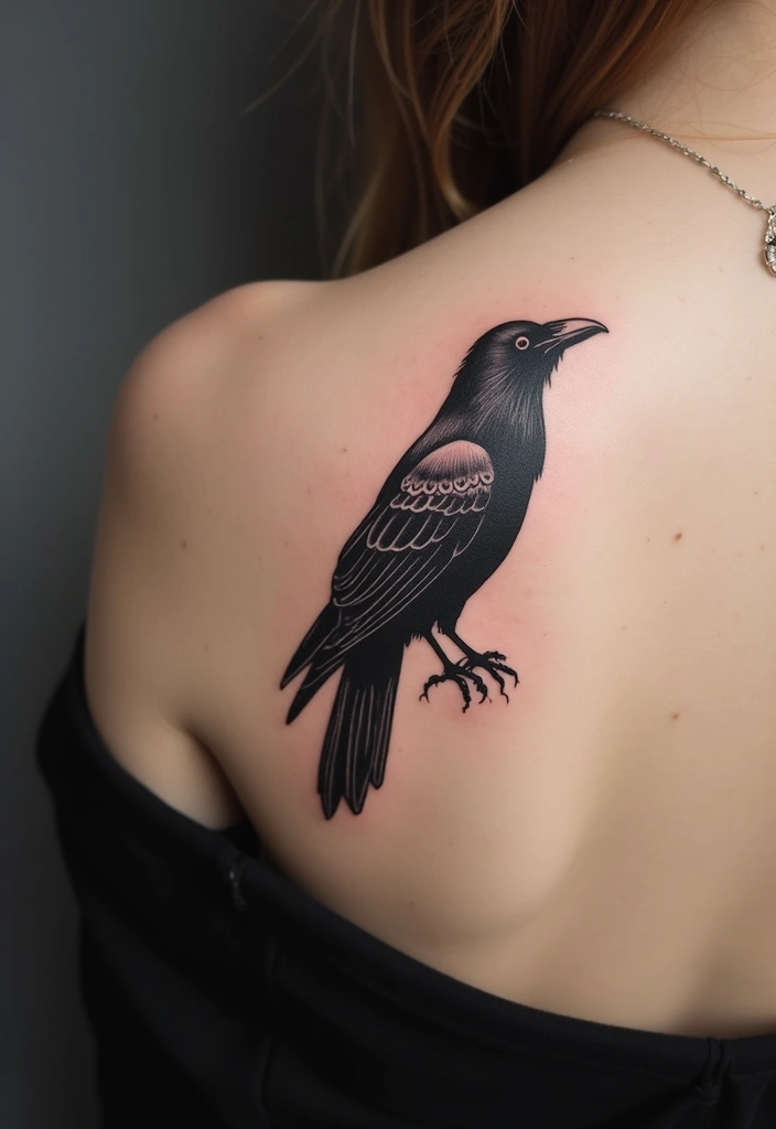 30 Raven Tattoo Shoulder Designs That Look Powerful - 5. Minimalist Raven Outline