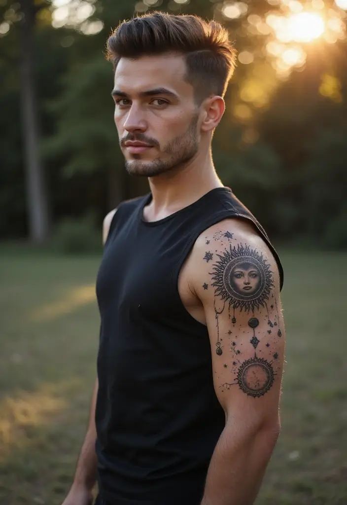 30 Sun Tattoo Men Ideas for Radiant Energy - 5. Sun and Moon Tattoo