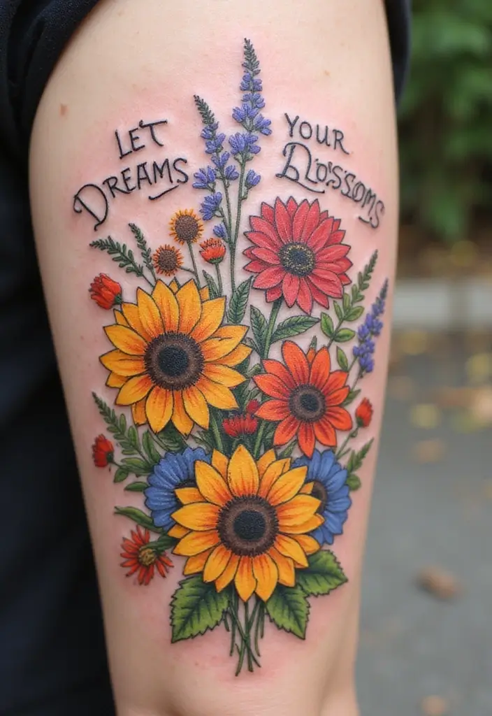30 Sunflower and Quote Tattoo Ideas Full of Positivity - 5. Wildflower Mix with 'Let Your Dreams Blossom'