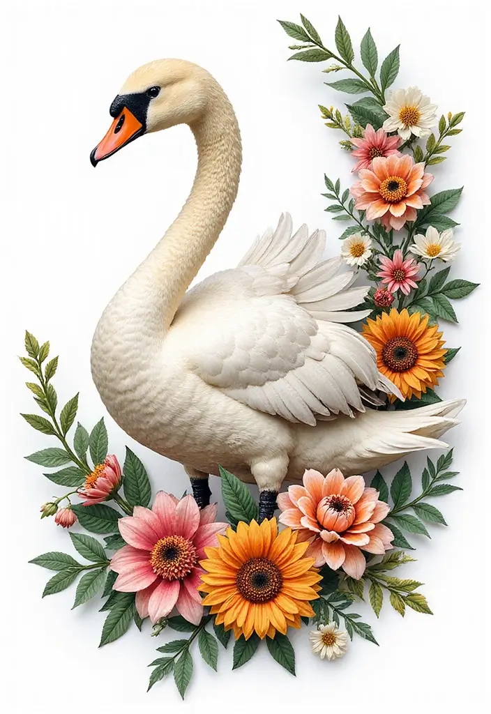30 Graceful Swan Tattoo Ideas for a Timeless Look - 5. Swans with Flowers
