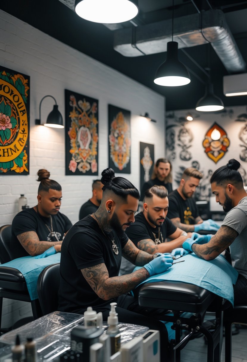 Tattoo Birmingham: Your Complete Directory of Top-Rated Artists and Studios in the City 6 A tattoo artist working on a client's arm in a modern tattoo studio with colorful designs on the walls.