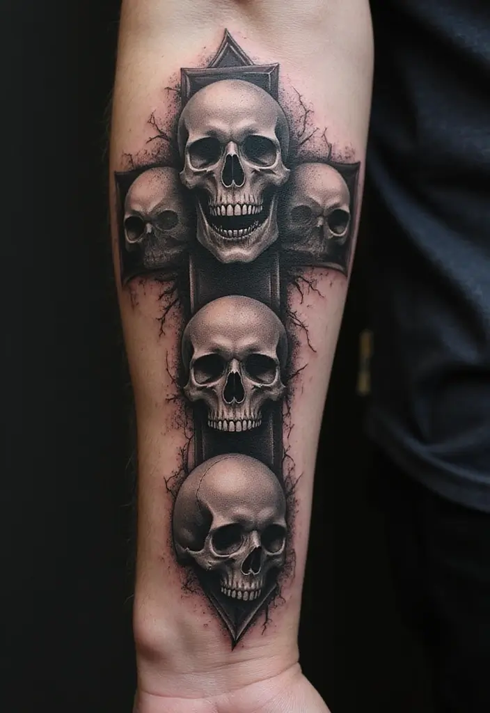 30 Tattoo Cross 3D Designs That Look Realistic - 5. Skull Cross