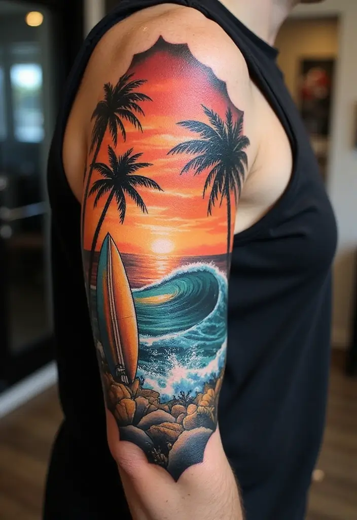 30 Wave Tattoo Sleeve Ideas That Make a Bold Statement - 5. Surfer's Paradise