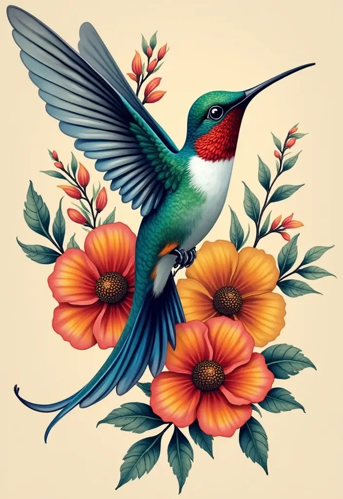 30 3D Hummingbird Tattoos That Feel Lifelike - 6. A Dance with Flowers