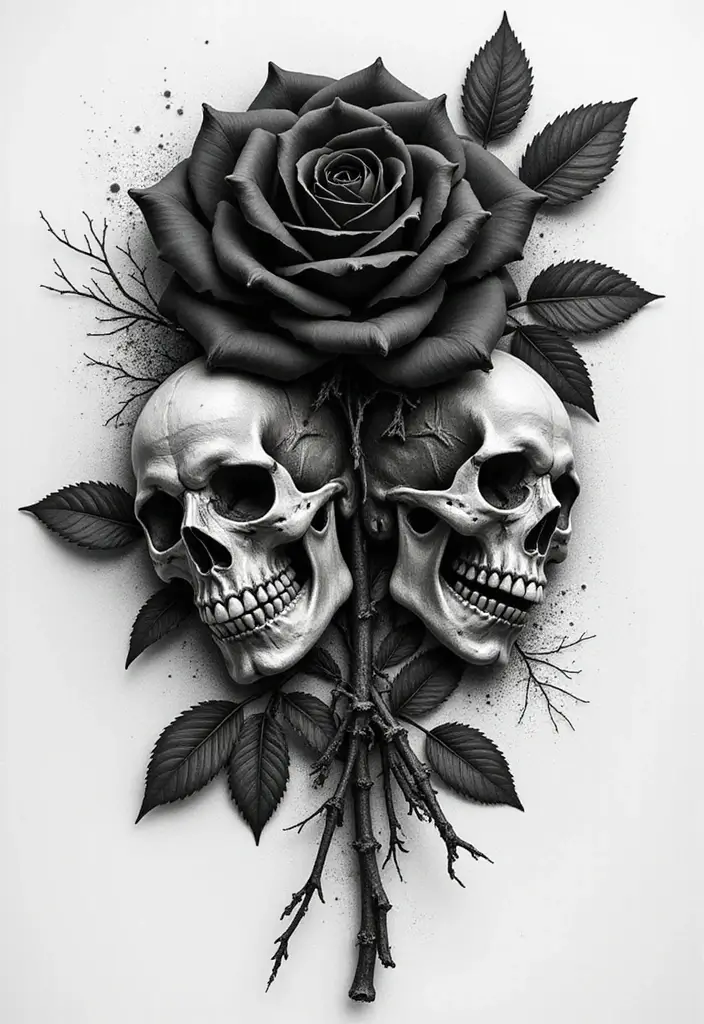30 Black Rose Tattoo Meaning and Design Inspirations - 6. Black Rose with Skulls