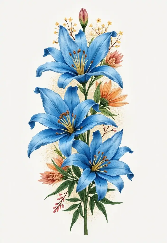 30 Blue Lily Tattoo Designs That Look Elegant - 6. Watercolor Blue Lily Sleeve Tattoo