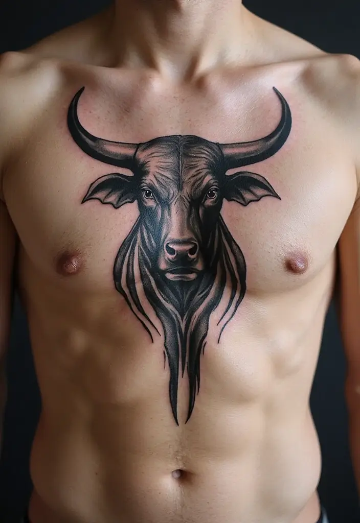 30 Bull Tattoo Chest Ideas Full of Strength - 6. Tribal Bull Tattoo