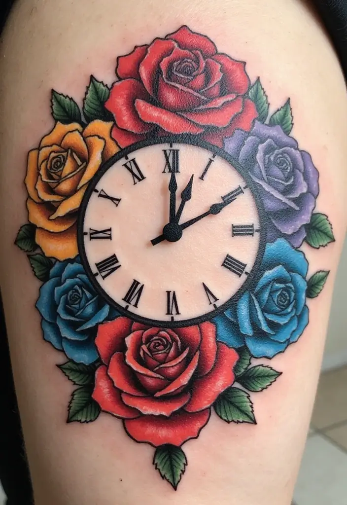 30 Clock and Rose Tattoos That Symbolize Time and Love - 6. Clock Face with a Twist