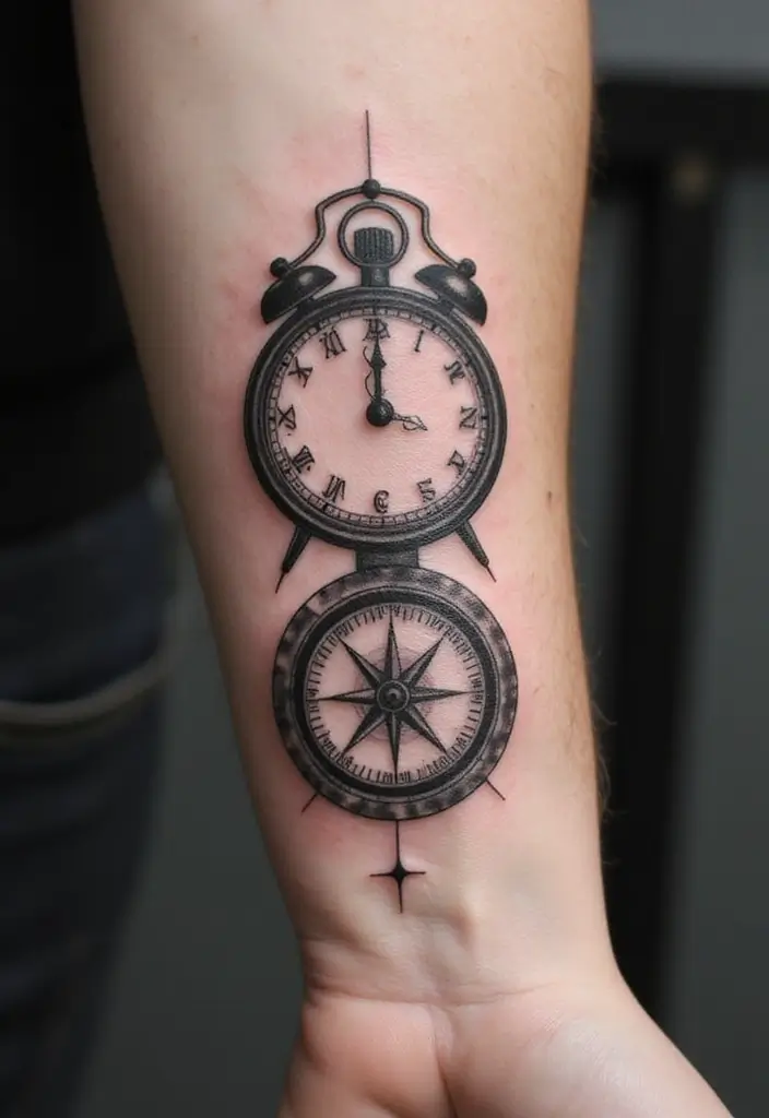 30 Clock Tattoo on Hand Ideas That Stand the Test of Time - 6. Clock with Compasses