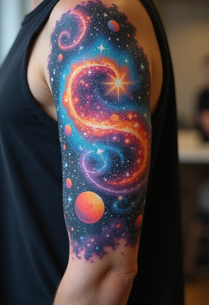 30 Colorful Arm Tattoos That Pop with Style - 6. Cosmic Colors