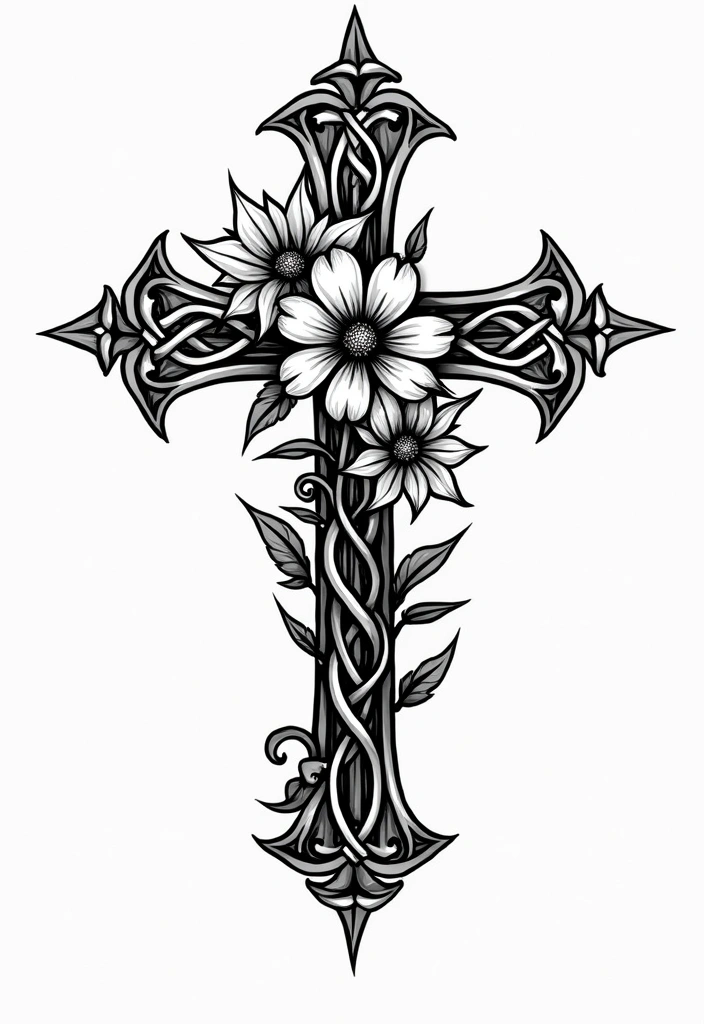 30 Cross with Flowers Tattoo Ideas That Blend Faith and Beauty - 6. Tribal Cross with Flowers
