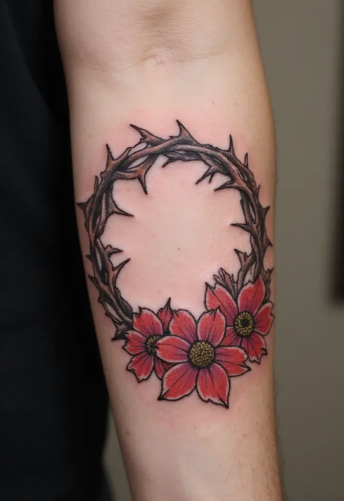 30 Crown of Thorns Bicep Tattoo Inspirations You’ll Admire - 6. Floral Embrace