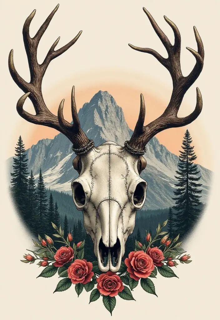 30 Deer Skull Tattoos That Capture Rustic Strength - 6. Majestic Mountain Scene