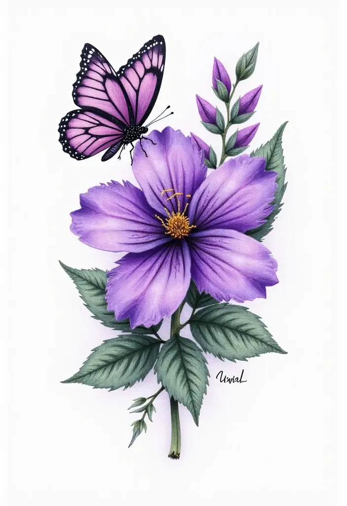 30 February Flower Tattoo Ideas with Birth Month Beauty - 6. Violet and Butterfly Fusion