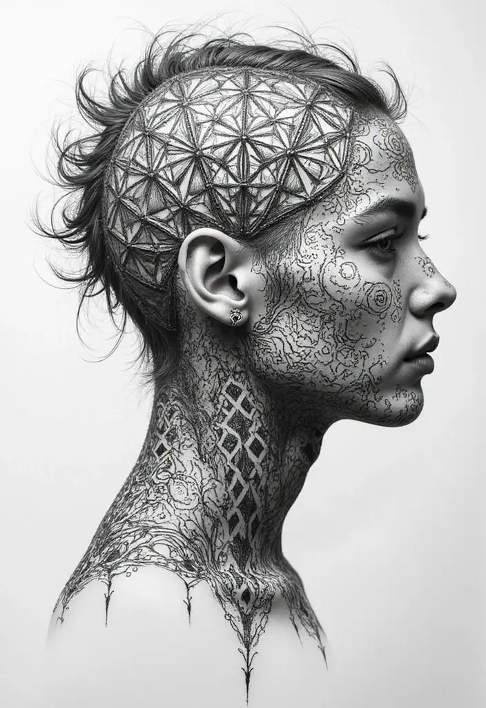 30 Geometric Head Tattoo Ideas for Bold Expression - 6. Symmetrical Geometric Patterns