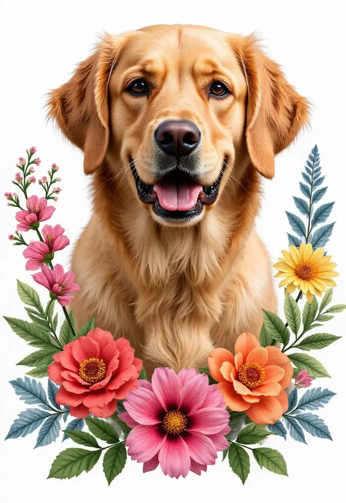 30 Golden Retriever Memorial Tattoos Honoring Beloved Pets - 6. Golden Retriever with Floral Elements