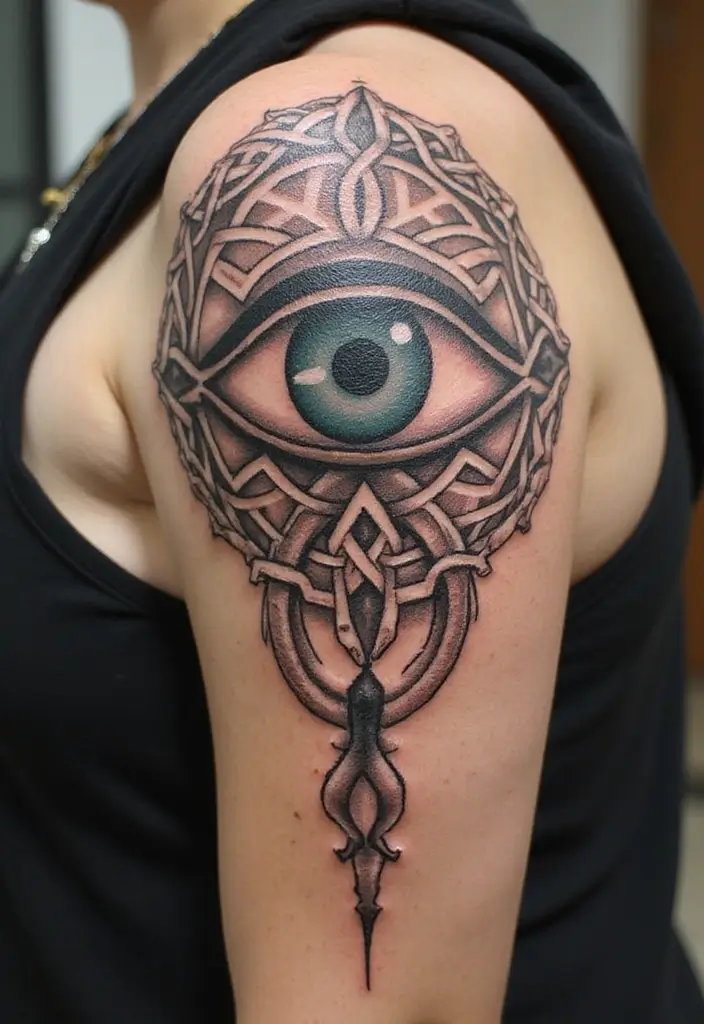30 Greek Eye Tattoo Meaning and Stunning Design Ideas - 6. Celtic Knot and Greek Eye Fusion