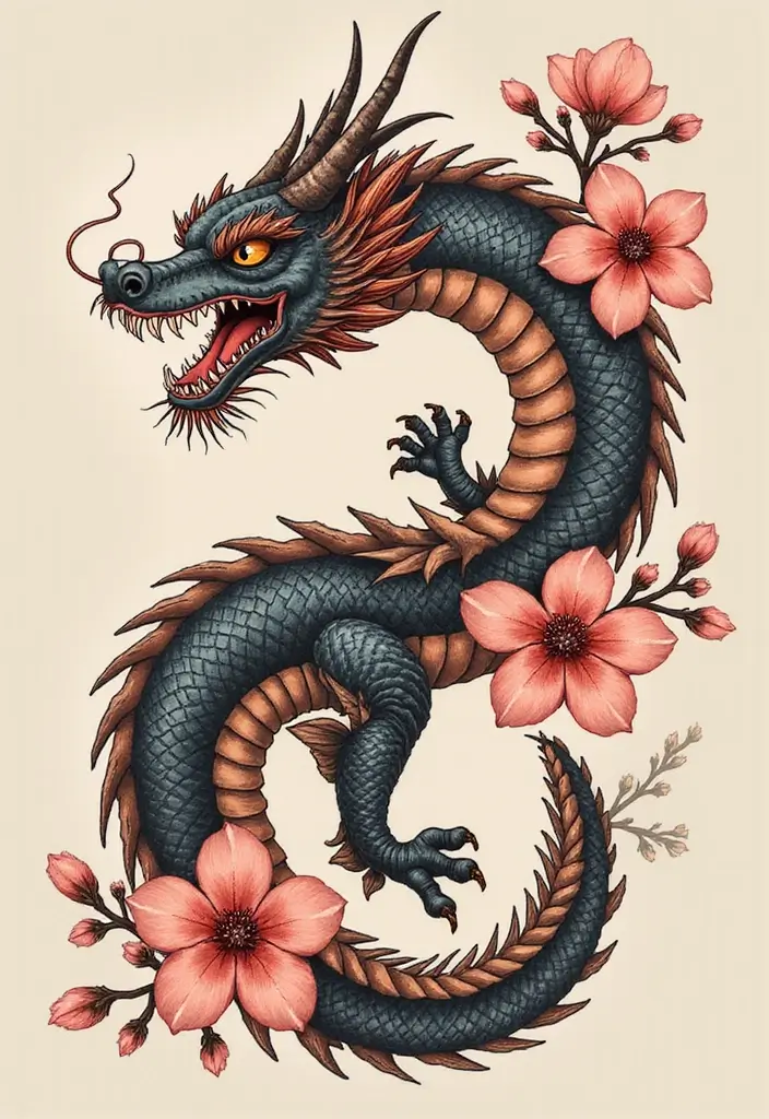 30 Japanese Dragon Tattoos That Showcase Power and Elegance - 6. The Dragon and Cherry Blossoms: A Delicate Balance