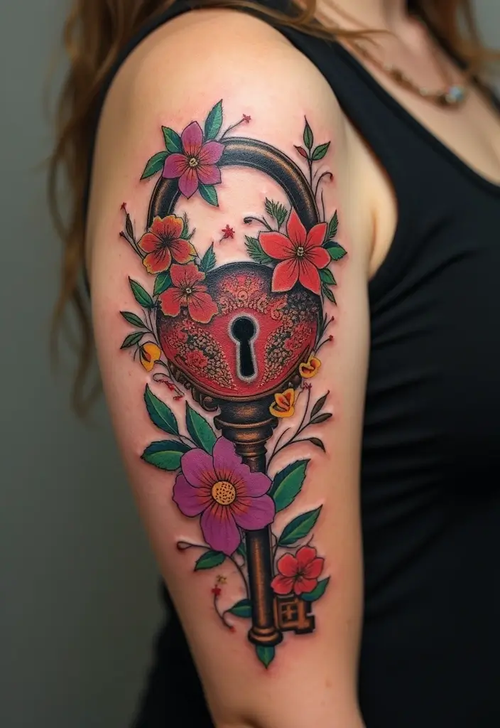 30 Key Lock Tattoo Ideas Symbolizing Love and Mystery - 6. Floral Key Lock Tattoo