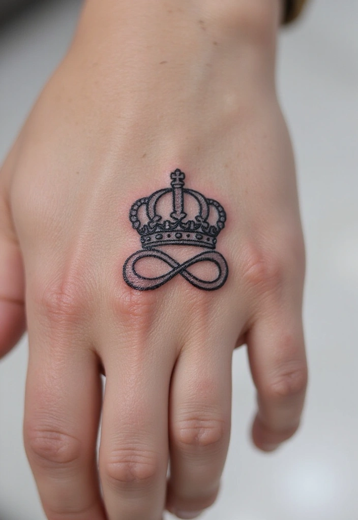 30 King and Queen Tattoos Finger Designs for Couples - 6. Crown with Infinity Symbol