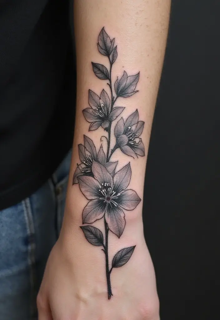 30 Larkspur Tattoo Designs Inspired by Birth Flowers - 6. Black and Grey Larkspur