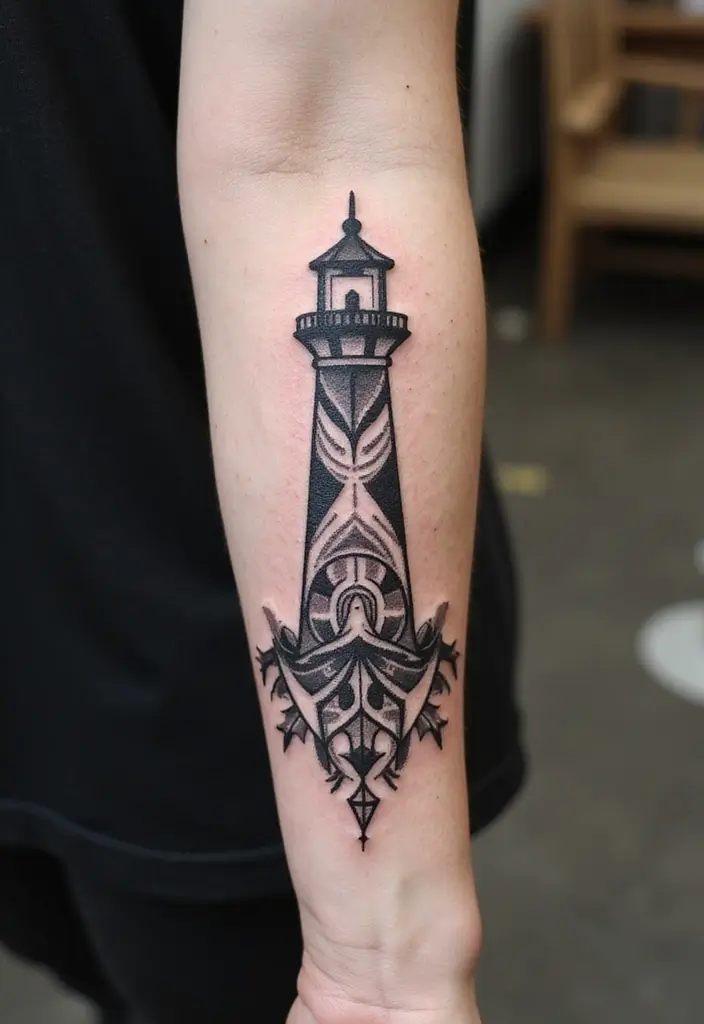 30 Lighthouse Forearm Tattoo Ideas That Guide the Way - 6. Tribal Lighthouse