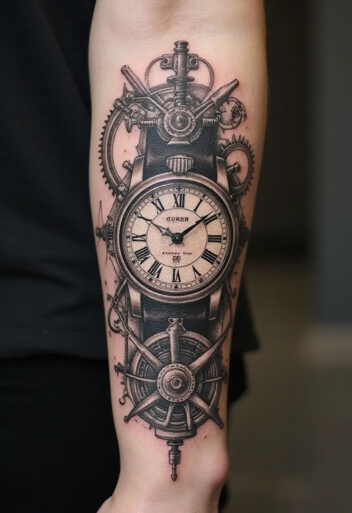 30 Futuristic Mech Tattoo Inspirations for Sci-Fi Fans - 6. Vintage Mech Watch Tattoo