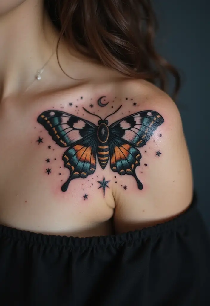 30 Moth Tattoo Designs with Symbolism and Beauty - 6. Moth with Moon and Stars