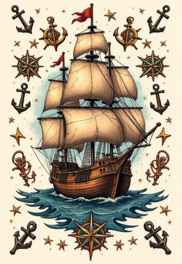 30 Pirate Ship Tattoo Designs for Ocean Lovers - 6. Pirate Ship with Nautical Elements