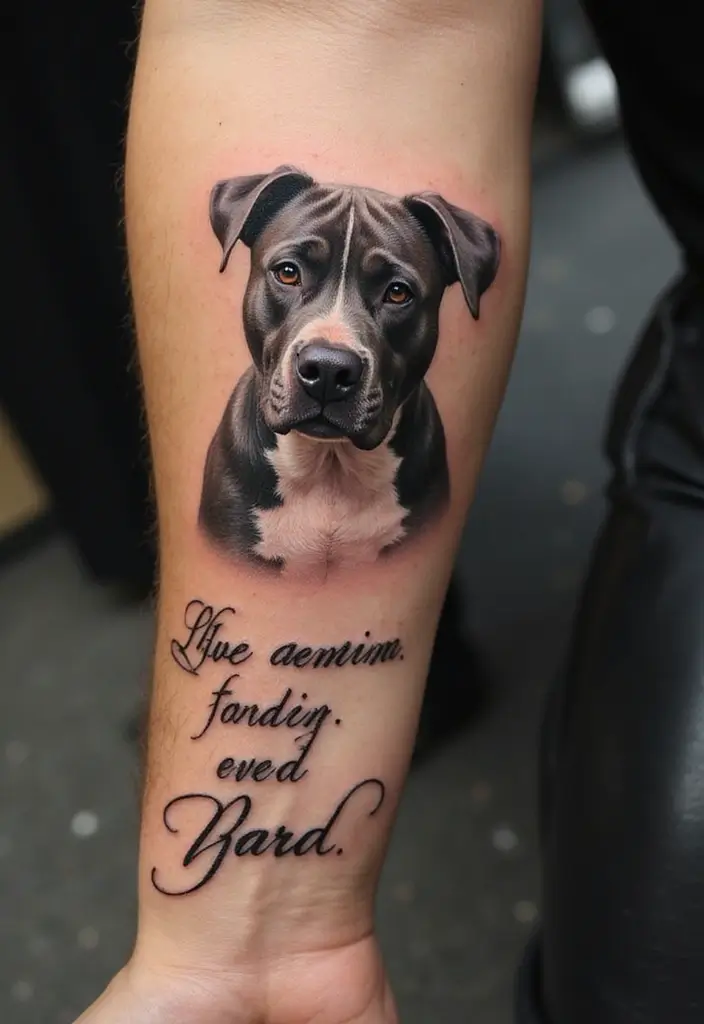 30 Pitbull Tattoo Designs Celebrating Strength and Loyalty - 6. Pitbull with Inspirational Quote