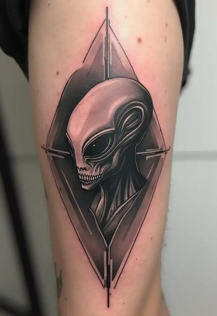 30 Realistic Alien Tattoo Inspirations That Look Out of This World - 6. Geometric Alien Designs