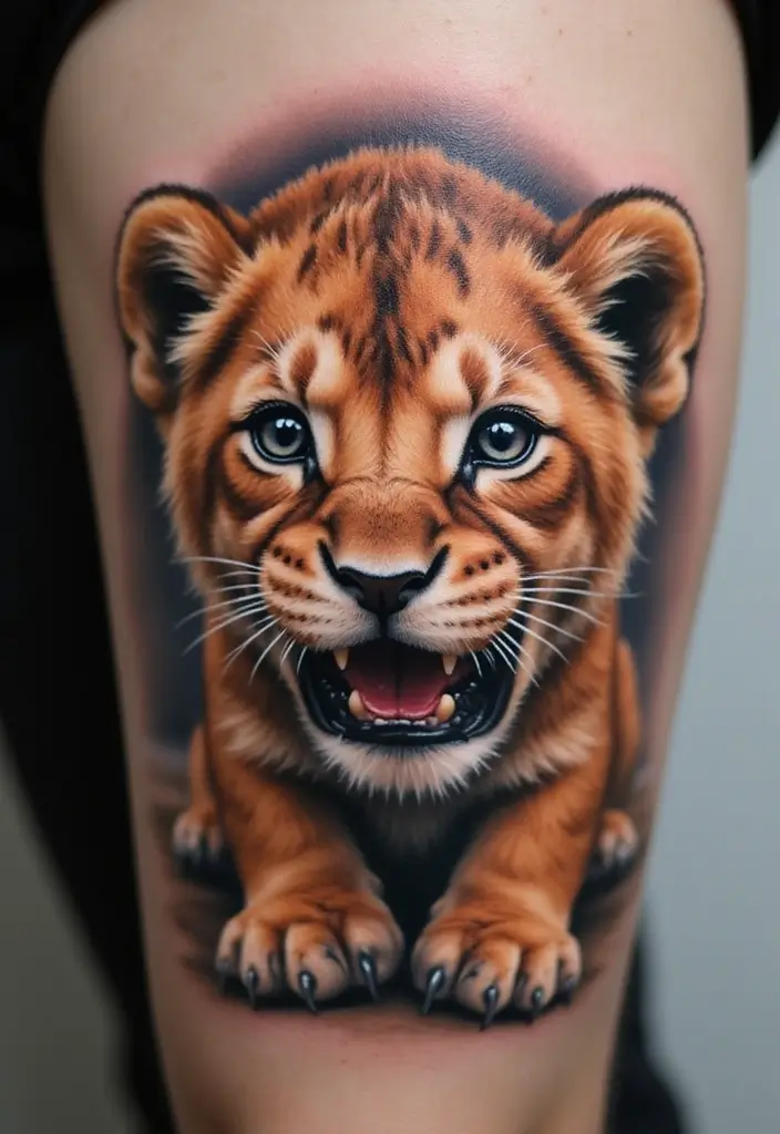 30 Roar Lion Tattoo Inspirations That Show Strength - 6. Fierce Lion Cub: Strength in Youth