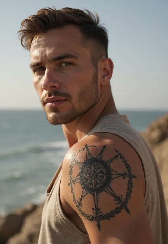 30 Shoulder Tattoos for Men with Meaningful Designs - 6. Compass: Guidance and Direction
