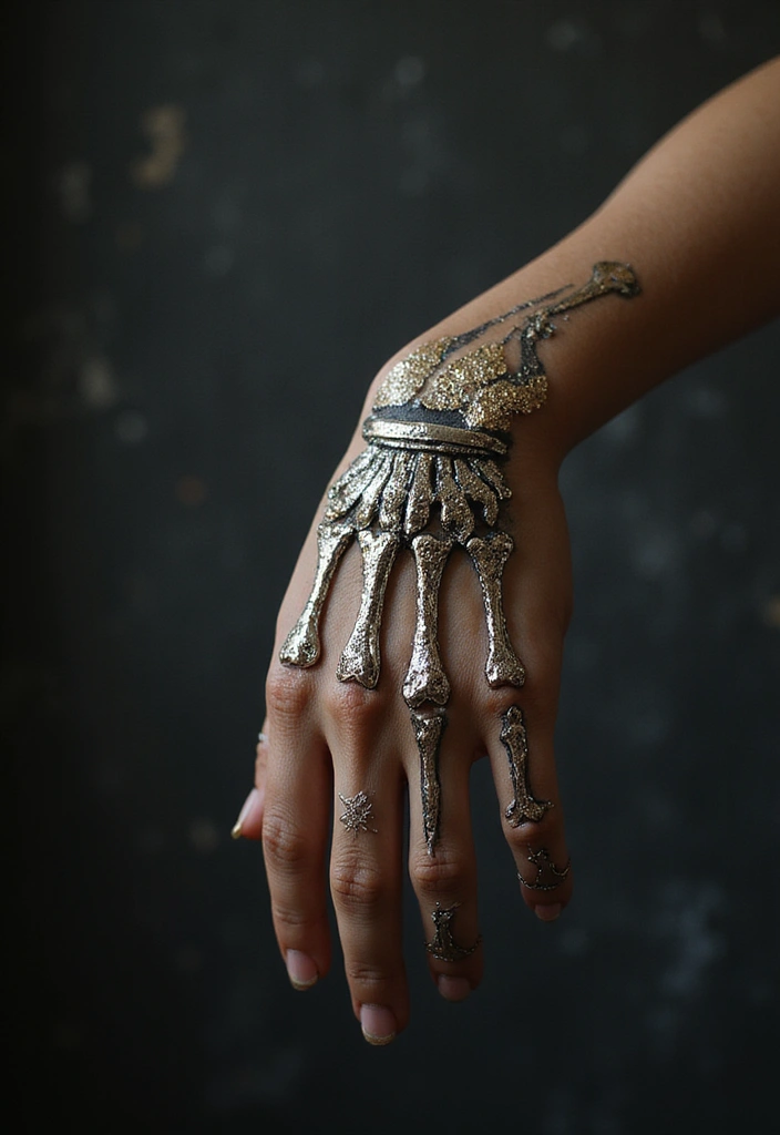 30 Skeleton Hand Tattoos with Edgy and Dark Styles - 6. Metallic Touches
