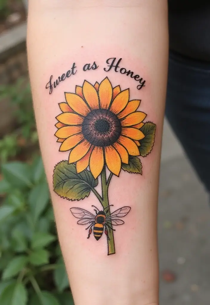 30 Sunflower and Quote Tattoo Ideas Full of Positivity - 6. Sunflower and Bee with 'Sweet as Honey'
