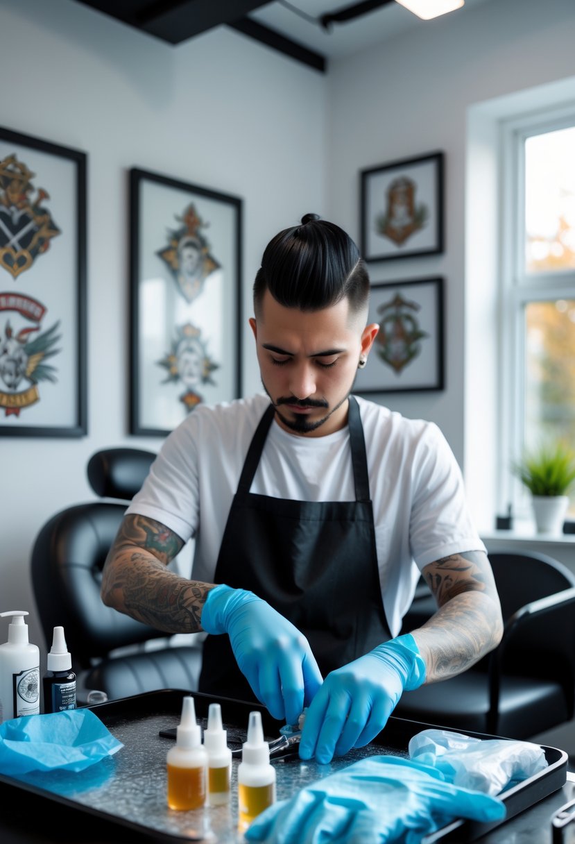 Tattoo Birmingham: Your Complete Directory of Top-Rated Artists and Studios in the City 7 A tattoo artist preparing tools in a clean tattoo studio with framed designs on the walls.