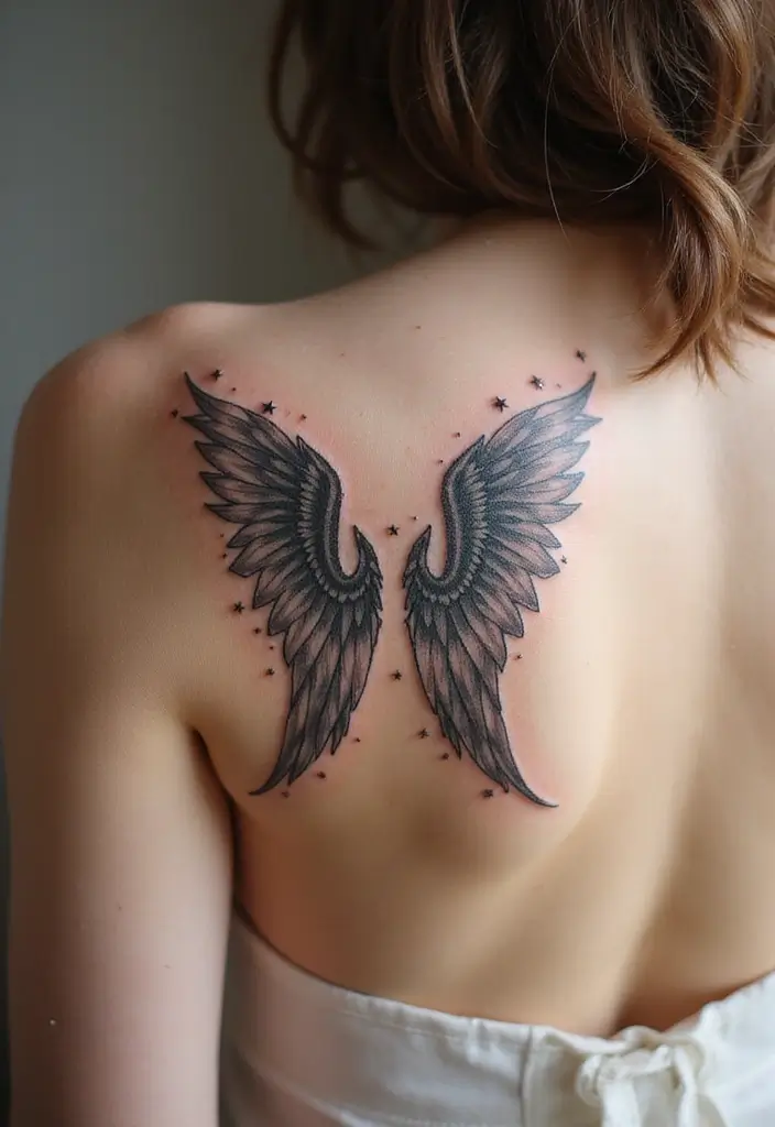 30 Shoulder Wing Tattoo Ideas with Angelic Inspiration - 6. Feathered Wings with Stars