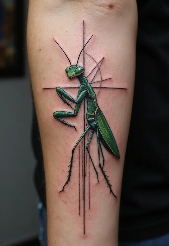 30 Traditional Praying Mantis Tattoo Ideas You’ll Love - 6. Geometric Mantis
