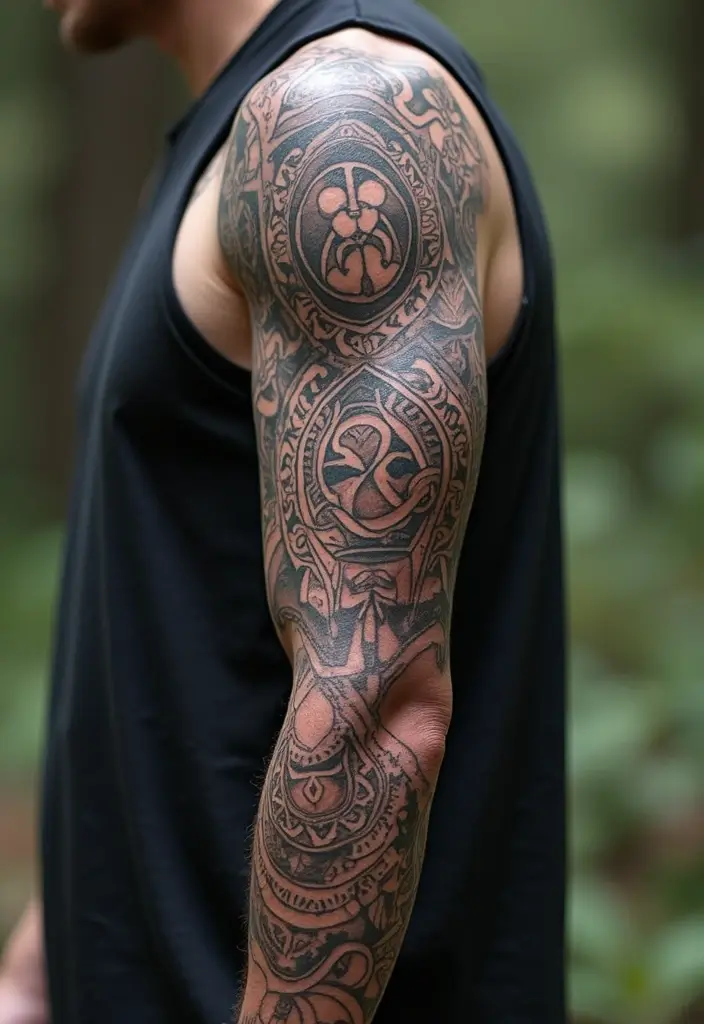 30 Valknut Tattoo Designs with Deep Norse Symbolism - 6. Valknut as a Sleeve Design
