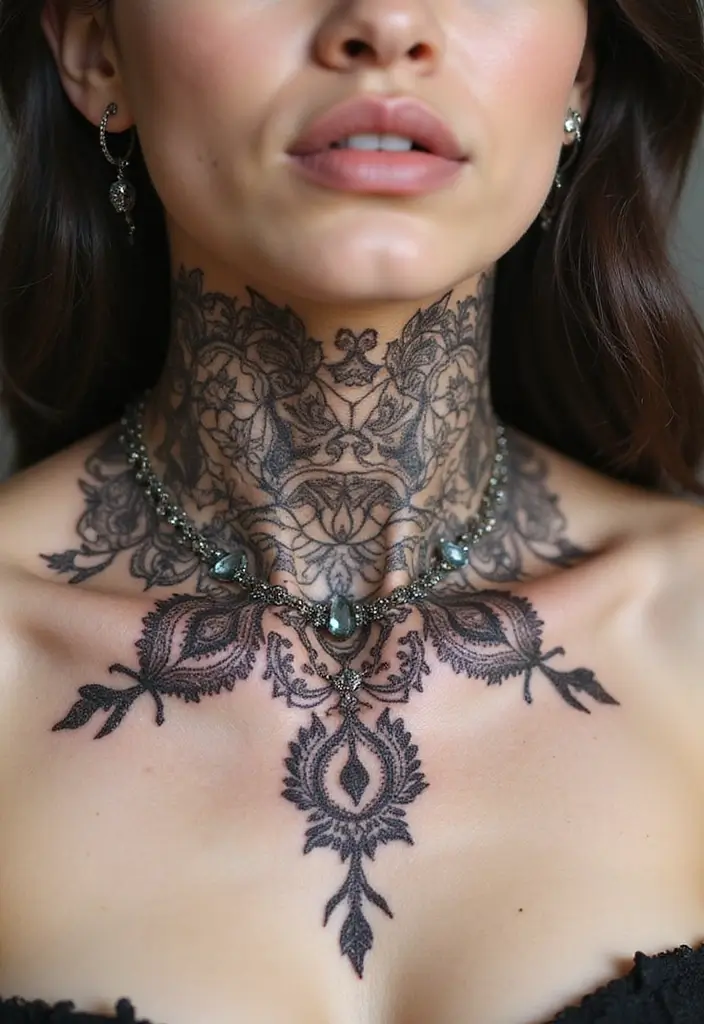 30 Women's Throat Tattoos That Are Edgy and Elegant - 6. Ornamental Tattoos